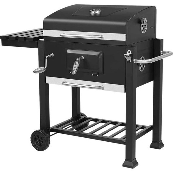 Barbecue au charbon de bois sur roulettes – Pour 5 à 10 personnes – Chariot barbecue XXL – Avec couvercle, 3 grilles et plaque à charbon réglable – Pour le jardin et le camping