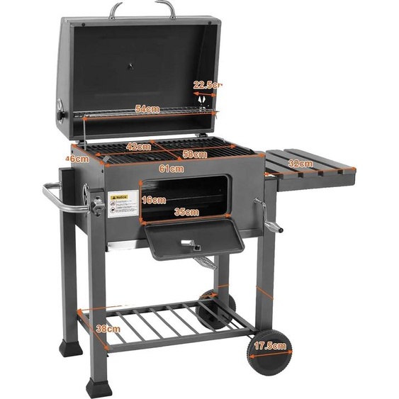 Barbecue au charbon de bois, Surface de cuisson 578 sq in, Dimensions 116 x 55,7 x 100 cm, Dispositif de sécurité Dispositif de sécurité de flamme, Matériau acier, Facile à assembler