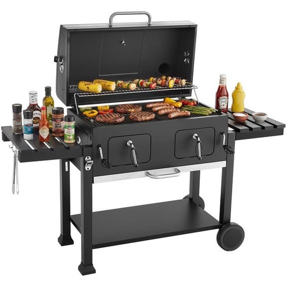 Barbecue au charbon de bois VEVOR de 0,50 m² avec 2 bacs à charbon relevables et des tables latérales rabattables, grille en acier thermorésistant à revêtement par poudrage, idéal pour les réceptions en terrasse et les fêtes de jardin