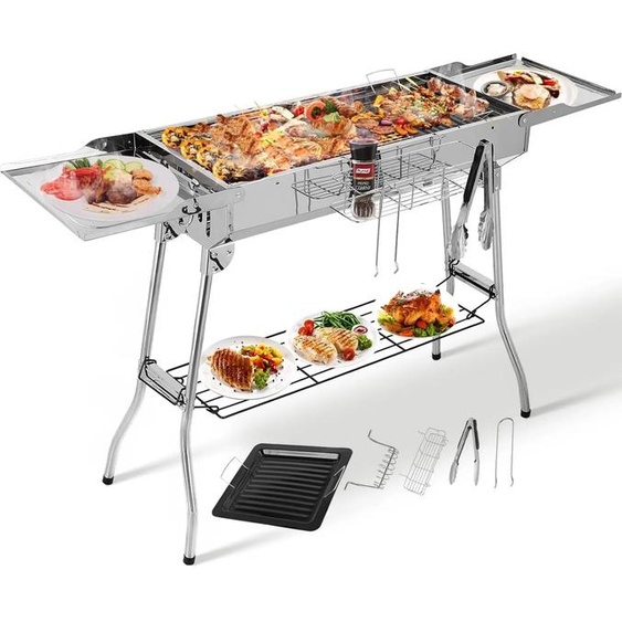 Barbecue au charbon de bois XXL - Grill de camping pliable - Acier inoxydable - 122x30x75 cm - avec plaque de cuisson antiadhésive - orifices de ventilation réglables - Argent