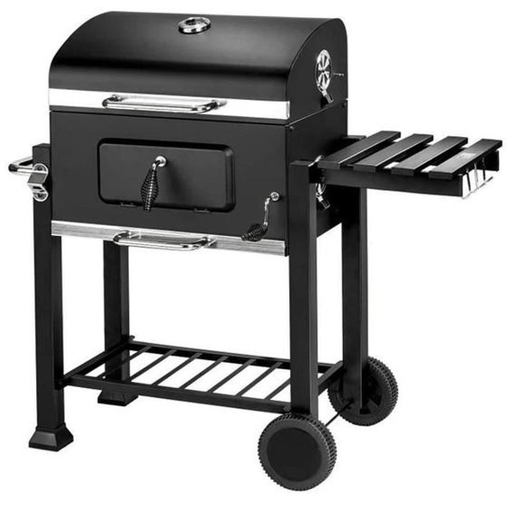 Barbecue au charbon en acier - Chariot barbecue portable - Double grille - Thermomètre - Bac à charbon réglable - Tablette latérale et roulettes - 107 × 115 × 68 cm - Noir