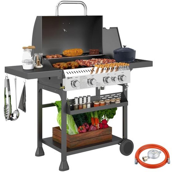 Barbecue au gaz, 4 brûleurs + brûleur latéral | Couleur : Noir, Argent | Dimensions : 135 x 55 x 103 cm