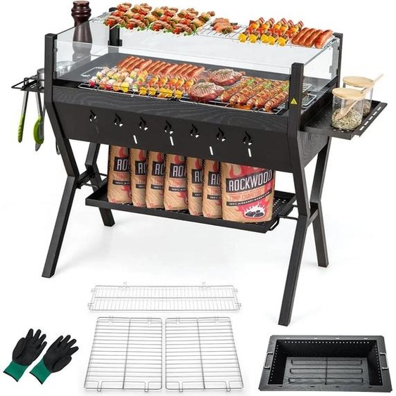 Barbecue - Barbecue au charbon de bois - Pare-vent - Étagères à épices et rangement - Surface de cuisson en acier inoxydable - Avec gants de barbecue - Marron