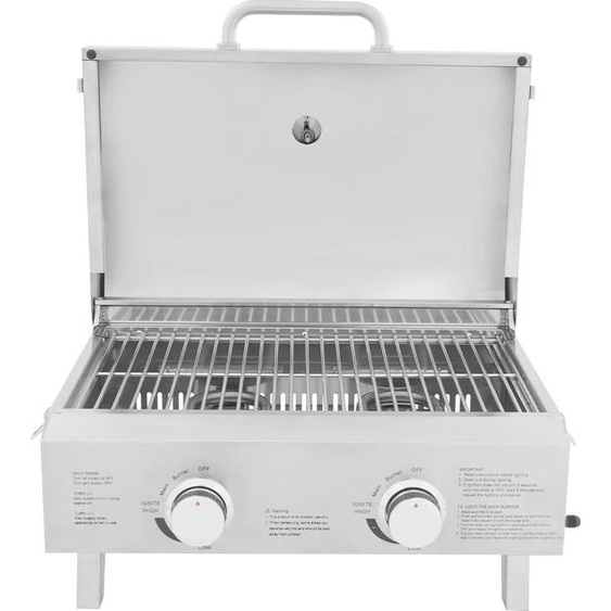 Barbecue BBQ dextérieur - Barbecue à gaz avec 2 brûleurs - Portable - Avec couvercle - Acier inoxydable 430/304 - Gaz de pétrole liquéfié (GPL) - 55,8 x 45 x 38 cm - Argent clair