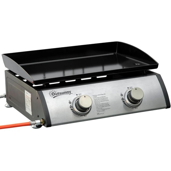 Barbecue de table portable au gaz - Plaque de cuisson - 2 brûleurs en acier inoxydable - 6 kW - Idéal pour le camping et les pique-niques - Dimensions : 48,5 x 48 x 21 cm - Couleur : gris