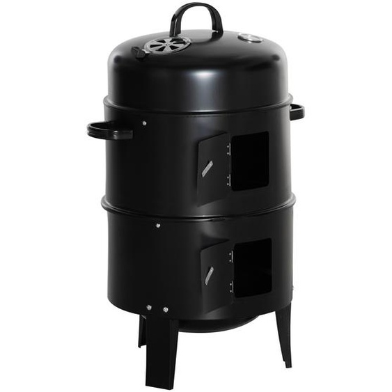 Barbecue fumoir grill braséro 3 en 1 - 2 grilles de cuisson, 2 portes - thermomètre, aérateur - Ø 40 x 80H cm - acier inox. noir