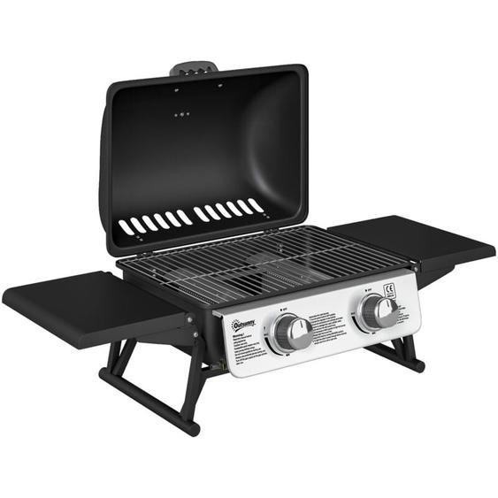 Barbecue gaz de table compact portable avec couvercle 2 brûleurs 5,6kW thermomètre régulateur tuyau inclus