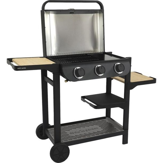 Barbecue Gaz Flavo 60cm Thermometre 3bruleurs Capot Double Parois Tablette Modulable Sur Chariot - Cook In Garden