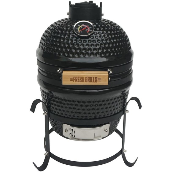 Barbecue Kamado 41 cm : mini-barbecue et fumoir portable en céramique à charbon de bois avec support en acier noir. Barbecue de jardin portable, fumoir, cuisson au four et grillades de 10 à 400 °C, thermomètre, kit daccessoires et housse de protection
