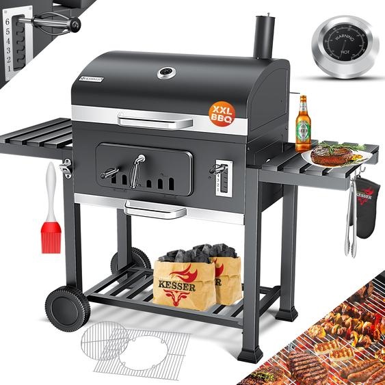 Barbecue KESSER® Chariot de barbecue XXL Barbecue au charbon de bois avec couvercle, roulettes, poignée en acier inoxydable, grille et thermomètre Charbon de bois Barbecue au charbon Chariot grand Barbecue au charbon Camping, terrasse, jardin