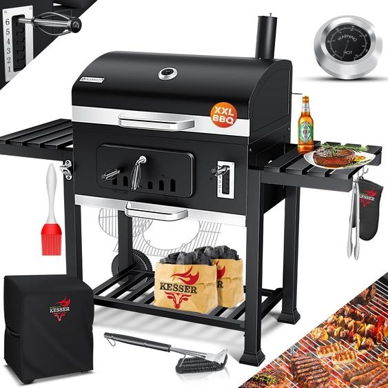 Barbecue KESSER® Chariot de barbecue XXL Barbecue au charbon de bois avec couvercle, roulettes, poignée en acier inoxydable, grille et thermomètre Charbon de bois Barbecue au charbon Chariot grand Barbecue au charbon Camping, terrasse, jardin