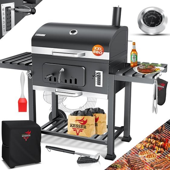 Barbecue KESSER® Chariot de barbecue XXL Barbecue au charbon de bois avec couvercle, roulettes, poignée en acier inoxydable, grille et thermomètre Charbon de bois Barbecue au charbon Chariot grand Barbecue au charbon Camping, terrasse, jardin