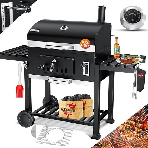 Barbecue KESSER® Chariot de barbecue XXL Barbecue au charbon de bois avec couvercle, roulettes, poignée en acier inoxydable, grille et thermomètre Charbon de bois Barbecue au charbon Chariot grand Barbecue au charbon Camping, terrasse, jardin