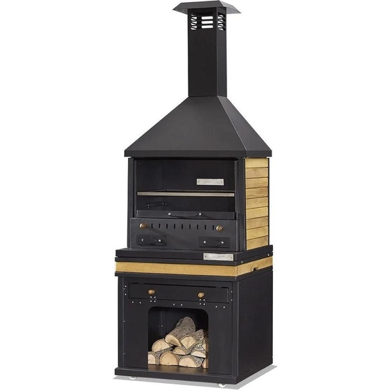 Barbecue noir en bois et acier inoxydable pour le jardin et la terrasse