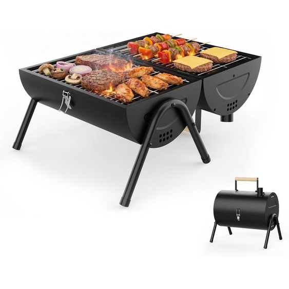 Barbecue portable au charbon de bois, 2 en 1 : grill et plaque de cuisson, compact, idéal pour le camping et les pique-niques