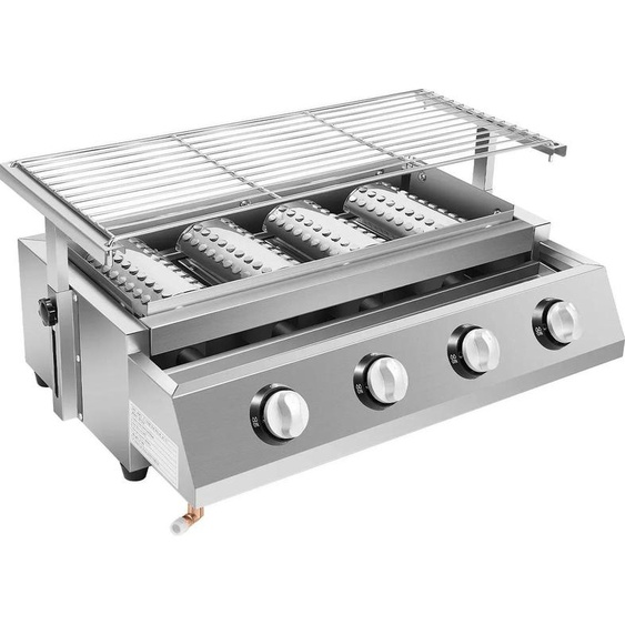 Barbecue portable - Barbecue à gaz - Acier inoxydable - Quatre brûleurs avec régulateurs séparés - Allumage électrique - Grille réglable en hauteur 0-7 cm - Gaz liquéfié (GPL) 2800 Pa - Argent