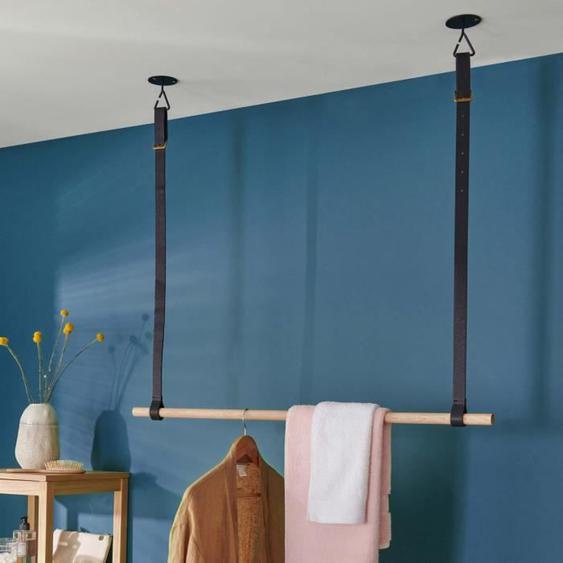 Barre de penderie suspendue en bois et lanières cuir noir L100 cm MOB-IN - Style Industriel - Loft