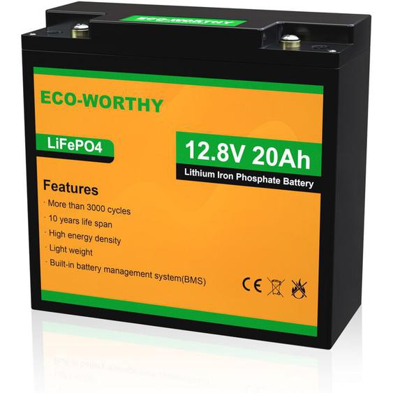 Eco-worthy - Batterie au lithium 12V 20Ah LiFePO4 rechargeable avec cycle profond de 3000+ fois et protection bms pour, detecteur de poisson, bateau,