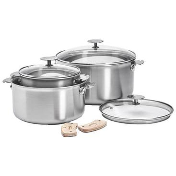 Batterie de 3 casseroles Ø16-20-24 cm avec couvercles et une paire danses amovibles -  Alchimy Loqy