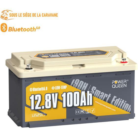 Batterie lithium 12V100Ah 1280Wh LiFePO4 Hauteur188mm Power Queen Bluetooth, protection contre les basses températures, parfaitement montée sous le