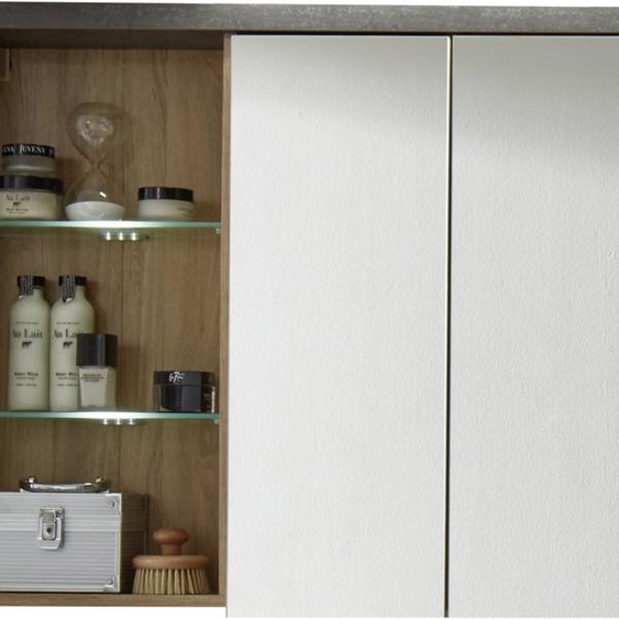 Bay Armoire de toilette murale avec miroir, 3 portes, 3 compartiments ouverts, imitation chêne miel, aspect béton.