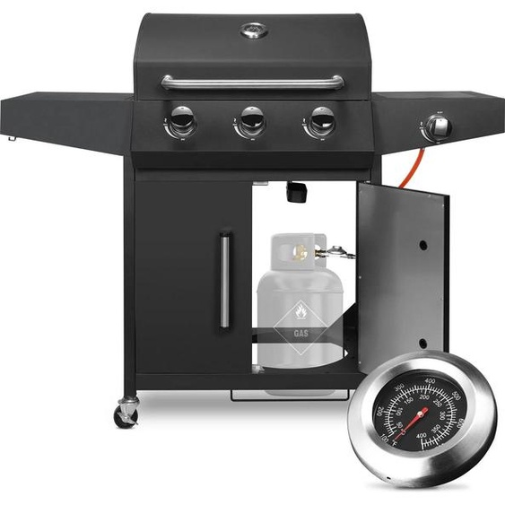 BBQ Barbecue à gaz - 3+1 brûleur - 24.000 BTU - Brûleur latéral & table latérale - Acier inoxydable - Porcelaine émaillée - Modèle de chariot - Gaz naturel - Noir