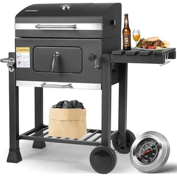 BBQ Barbecue au charbon de bois - Chariot de barbecue XXL - 116×55,7×100 cm - Acier revêtu par poudre - Table latérale pliable, poignée - Noir