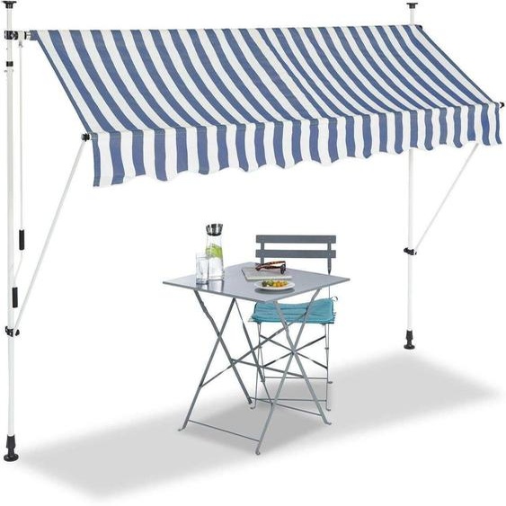 Bc-elec - HHYVA2512-Bluewhite Auvent rétractable manuel store banne marquise pour patio & terrasse 250x120cm blanc et bleu