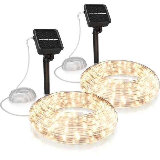 BEARWARE 2x Guirlande lumineuse LED, solaire 10m blanc chaud, intérieur & extérieur, panneau solaire avec batterie, 100 Leds, IP44