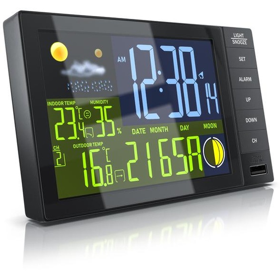 Station météo Bearware avec capteur extérieur, thermo-hygromètre pour intérieur et extérieur, écran couleur de 4,37 pouces, horloge radio DCF, prévisions météorologiques, phases de la lune, réveil avec fonction snooze, couleur noire