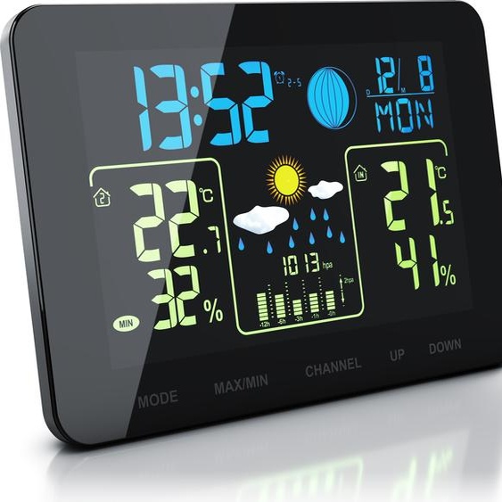 BEARWARE Station météo sans fil avec écran couleur & capteur extérieur Baromètre, prévisions météo, etc.