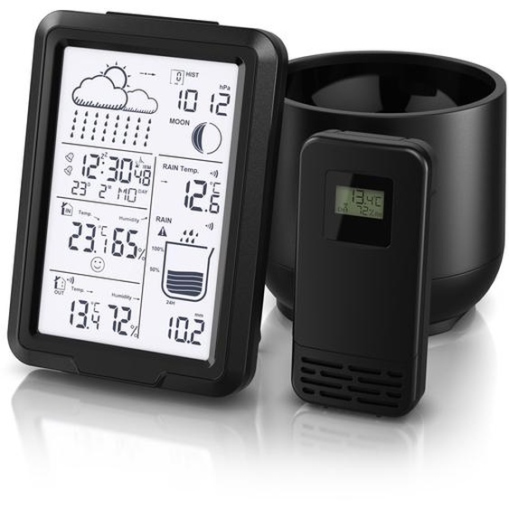 BEARWARE Station météo sans fil, station météo avec capteur extérieur, prévisions météo, température intérieure et extérieure, réveil avec DCF, snooze 2 temps dalarme, quantité de pluie, pression atmosphérique