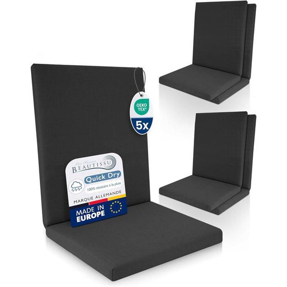 Beautissu 5x Coussin Chaise Jardin Bas Dossier 100% Imperméable 105x48 cm - Résistant-UV Confortable Facile à Entretenir Anthracite