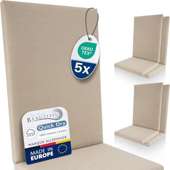 Beautissu 5x Coussin Chaise Jardin Haut Dossier 100% Imperméable 122x48 cm - Résistant-UV Confortable Facile à Entretenir Beige
