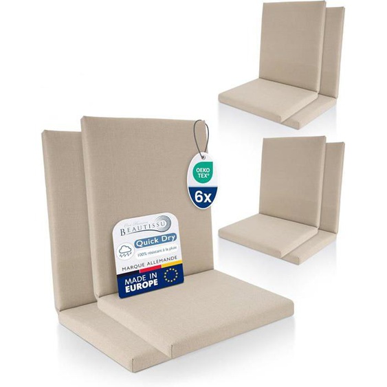 Beautissu 6x Coussin Chaise Jardin Bas Dossier 100% Imperméable 105x48 cm - Résistant-UV Confortable Facile à Entretenir Beige