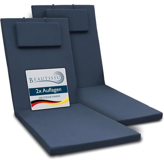 Beautissu Lot de 2 Coussin Bain de Soleil 200x60x5cm Loft RL – Résistance UV Matelas Transat Exterieur – Bleu Foncé