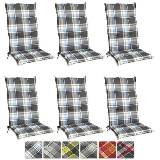 Beautissu Matelas Coussin pour Chaise Fauteuil de Jardin terrasse Sunny BK bleu à carreaux 120x50x6cm - Set de 6 - Haut Dossier