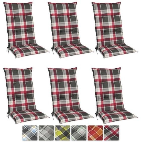 Beautissu Matelas Coussin pour Chaise Fauteuil de Jardin terrasse Sunny RK Bordeaux  à carreaux 120x50x6cm - Set de 6 - Haut