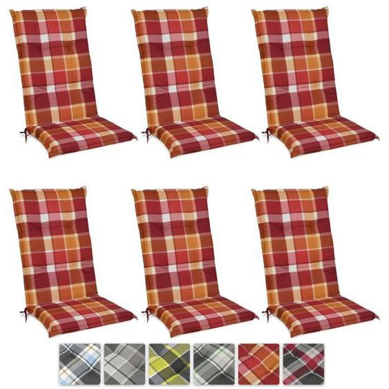 Beautissu Matelas Coussin pour Chaise Fauteuil de Jardin terrasse Sunny RO rouge à carreaux - 120x50x6cm - Set de 6  - Haut Dossier