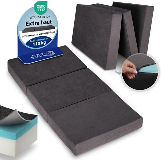 Beautissu Premium L Matelas Pliable 100x200 cm Anthracit – Matelas Pliant Extra Épaisse Degré Fermeté H3 & Housse Lavable