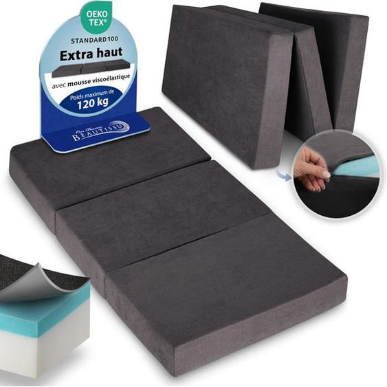 Beautissu Premium L Matelas Pliable 140x200 cm Anthracit – Matelas Pliant Extra Épaisse Degré Fermeté H3 & Housse Lavable