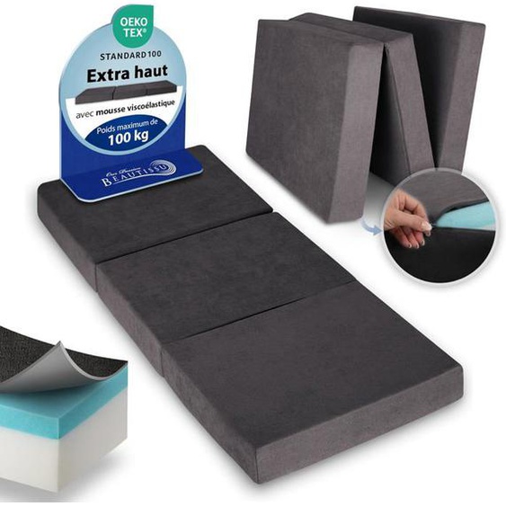 Beautissu Premium L Matelas Pliable 80x200 cm Anthracit – Matelas Pliant Extra Épaisse Degré Fermeté H3 & Housse Lavable