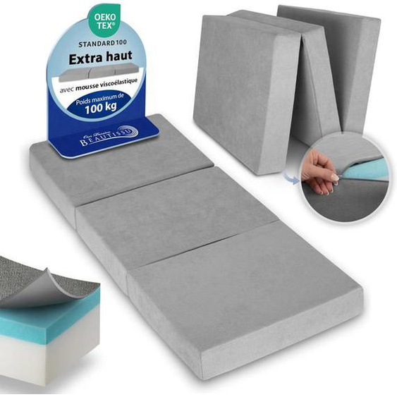 Beautissu Premium L Matelas Pliable 80x200 cm Gris – Matelas Pliant Extra Épaisse Degré Fermeté H3 & Housse Lavable