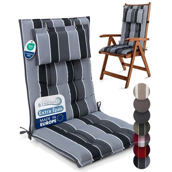 Beautissu Set de 7 Premium Coussin Chaise Jardin Dossier Haut 120x50 cm Sun-HL – Anthracite rayé