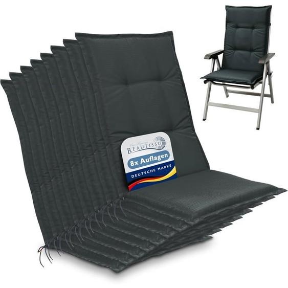 Beautissu Set de 8 Coussin Fauteuil Jardin Haut Dossier 120x50 cm Base HL – Antidérapant & Résistant Lumière UV 5 – Gris Graphite