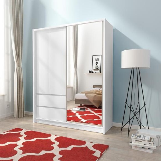Beautysofa Armoire 3 portes Siera, armoire à glace avec portes coulissantes et portes battantes, avec 2x tiroirs, armoire (couleur : blanc, largeur : 150 cm)