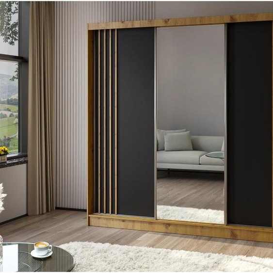 BEAUTYSOFA armoire à portes coulissantes NELA II 240 cm - armoire à trois portes, armoire avec miroirs et 4 tiroirs, couleur : Artisan+Noir+Artisan
