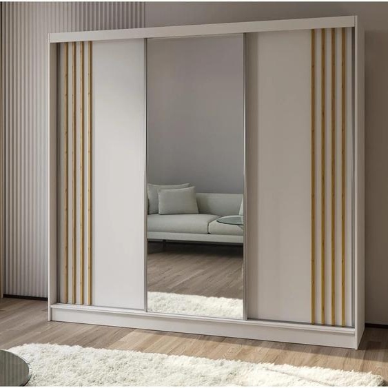 BEAUTYSOFA armoire à portes coulissantes NELA II 240 cm - armoire à trois portes, armoire avec miroirs et 4 tiroirs, couleur : blanc + chêne artisanal