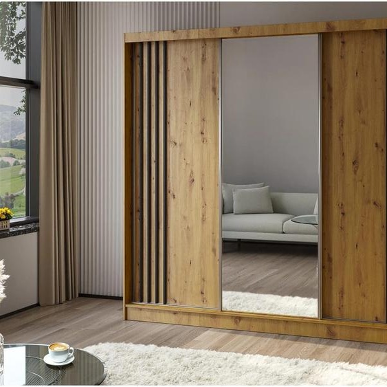 BEAUTYSOFA armoire à portes coulissantes NELA II 240 cm - armoire à trois portes, armoire avec miroirs et 4 tiroirs, couleur : chêne Artisan + noir.