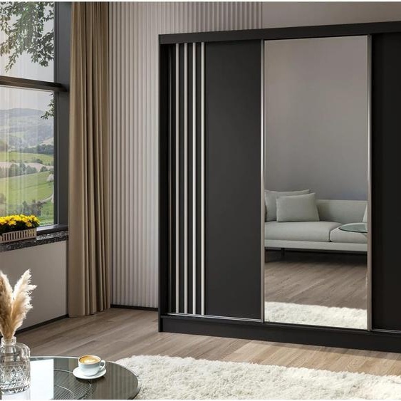 BEAUTYSOFA armoire à portes coulissantes NELA II 240 cm - armoire à trois portes, armoire avec miroirs et 4 tiroirs, couleur : noir + blanc